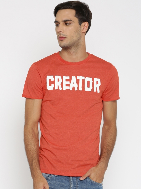 Jack & Jones Men Coral Red Printed Round Neck T-shirt