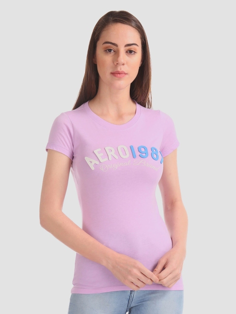 Aeropostale Women Purple Typography Printed Cotton T-shirt