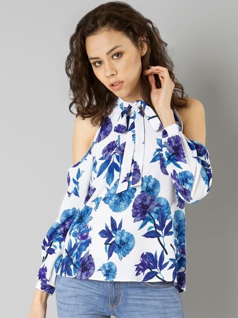 FabAlley White & Blue Floral Print Cold Shoulder Top