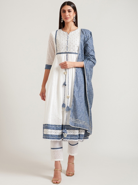 Neerus Women Off White & Blue Yoke Design Pure Cotton Kurta with Trousers & With Dupatta
Neerus Women Off White & Blue Yoke Design Pure Cotton Kurta with Trousers & With Dupatta