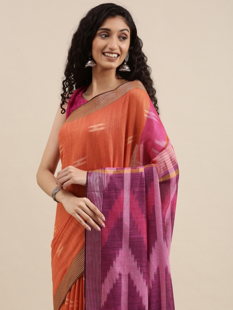 Taavi Orange & Pink Woven Design Zari Ikat Saree