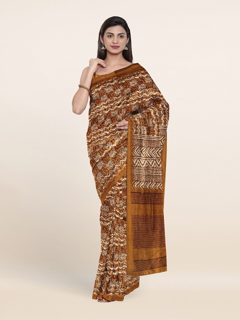 Pothys Khaki & White Cotton Blend Saree