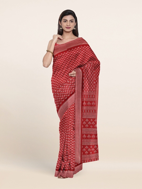Pothys Red & White Geometric Printed Saree