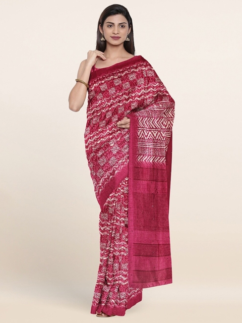 Pothys Pink & White Cotton Blend Saree