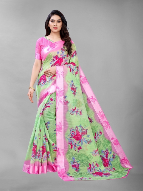 PERFECTBLUE Green & Pink Floral Saree