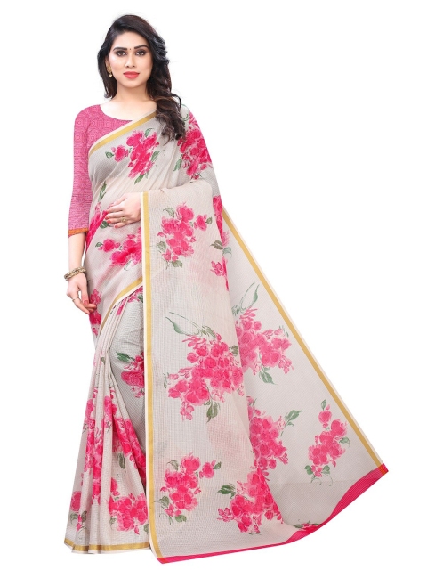 PERFECTBLUE Off White & Pink Floral Saree