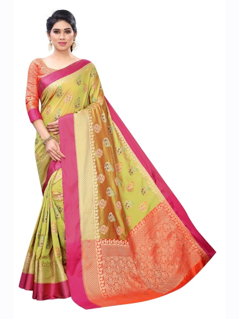 PERFECTBLUE Yellow & Pink Woven Design Art Silk Saree
