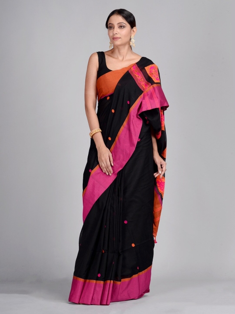 Mitera Black & Pink Floral Pure Cotton Saree