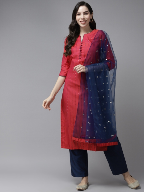 PANIT Women Magenta & Navy Blue Striped Sequinned Kurta with Trousers & Dupatta
PANIT Women Magenta & Navy Blue Striped Sequinned Kurta with Trousers & Dupatta