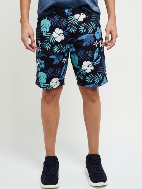 max Men Navy Blue Floral Printed Mid Rise Regular Fit Shorts
