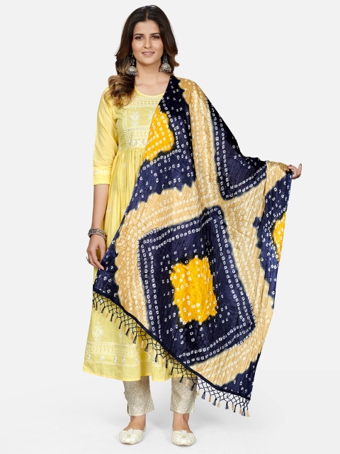 Vbuyz Yellow & Navy Blue Printed Pure Silk Bandhani Dupatta