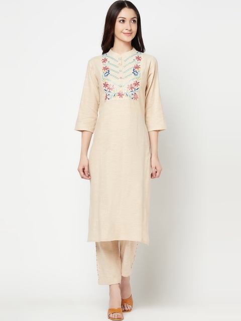 Senyora Women Beige Floral Embroidered Pure Cotton Kurta with Trousers