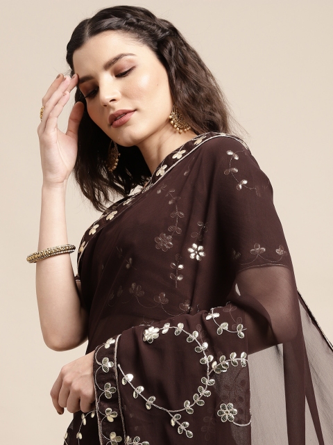 DIVASTRI Brown Floral Gotta Patti Embroidered Saree