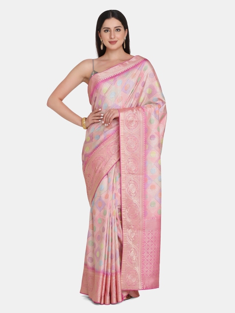 BOMBAY SELECTIONS Pink Geometric Print Tussar Silk Blend Saree