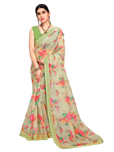 VAIRAGEE Sea Green & Pink Floral Printed & Embroidered Organza Block Print Saree 
VAIRAGEE Sea Green & Pink Floral Printed & Embroidered Organza Block Print Saree