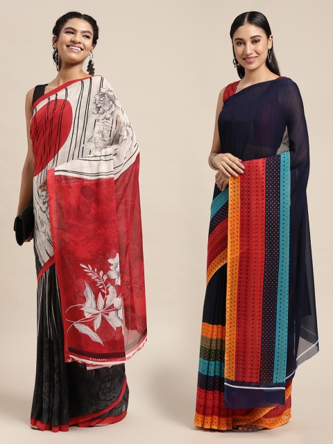 KALINI Pack Of 2 Navy Blue & Red Printed Sarees