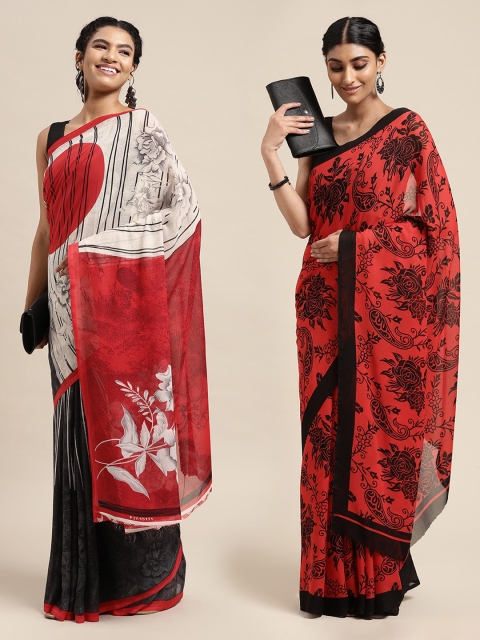 KALINI Pack Of 2 Black & Red Printed Sarees