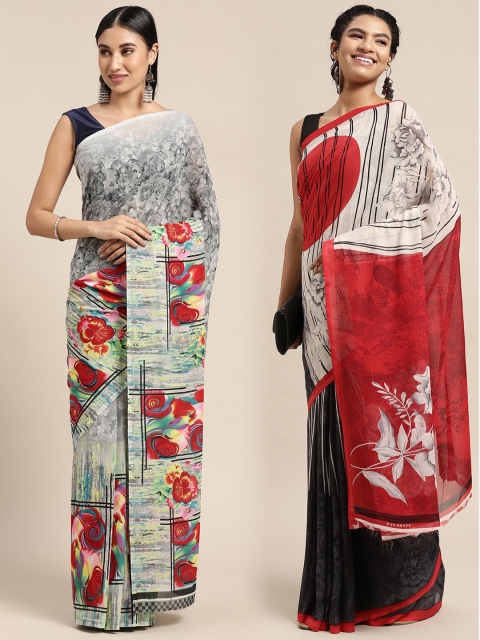 KALINI Pack Of 2 Grey & Red Floral Saree