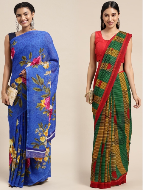 KALINI Pack Of 2 Blue & Green Floral Saree