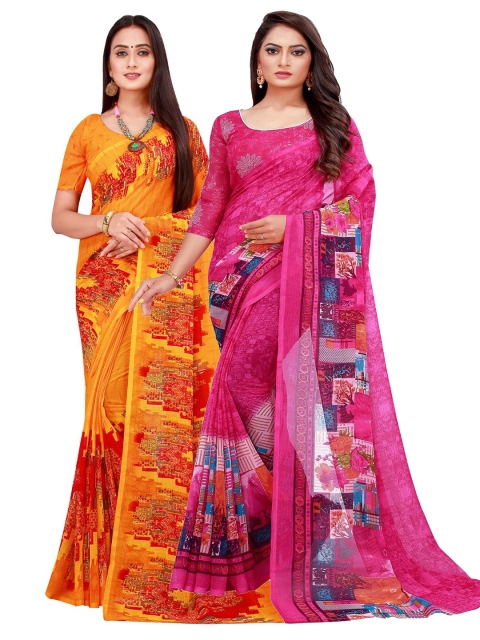 Florence Orange & Pink Floral Pure Georgette Saree