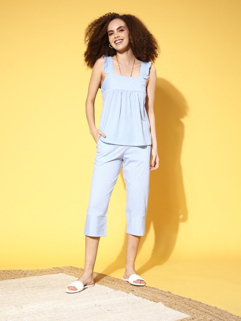 Kanvin Women Blue Striped Bed to Beach PJ Set