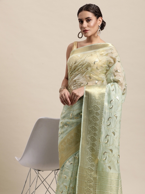 awesome Sea Green Ethnic Motifs Sequinned Organza Saree