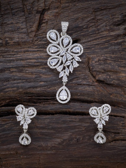 Kushal's Fashion Jewellery Rhodium-Plated White CZ Studded Pendant Set