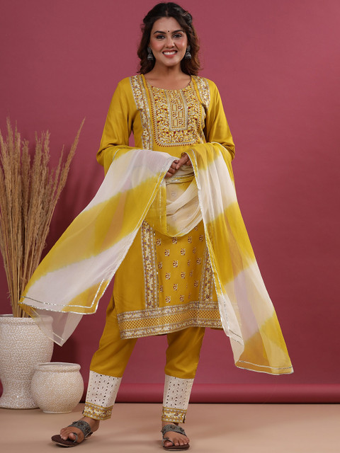 ANAISA Women Mustard Yellow Ethnic Motifs Embroidered Sequinned Kurta with Trousers & With Dupatta
ANAISA Women Mustard Yellow Ethnic Motifs Embroidered Sequinned Kurta with Trousers & With Dupatta