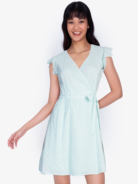 ZALORA BASICS Women Green & White Cotton Mini Wrap Dress