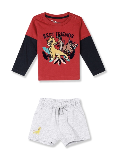 Colt Boys Red & Grey Melange Timon & Pumbaa Printed T-shirt with Shorts