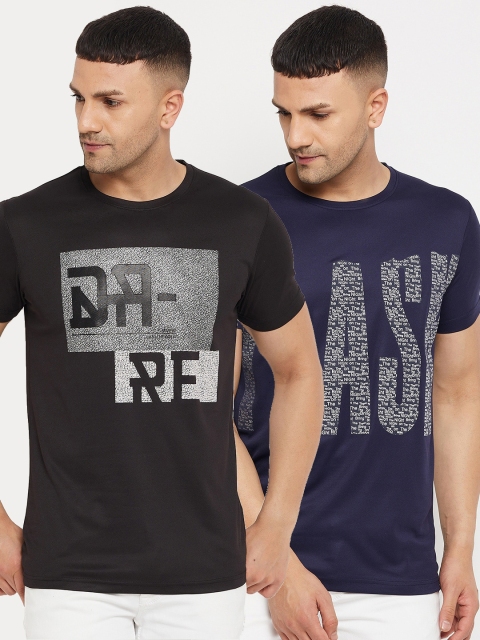 Parcel Yard Men Set Of 2 Black & Navy Blue Typography Printed Cotton T-shirt
