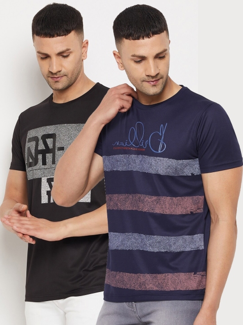 Parcel Yard Pack of 2 Men Black & Navy Blue Printed Cotton T-shirt