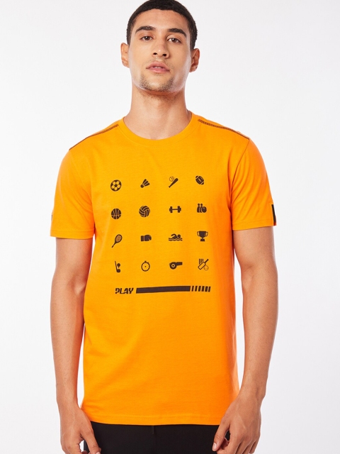 Bewakoof X Play Men Orange & Black Printed Cotton T-shirt