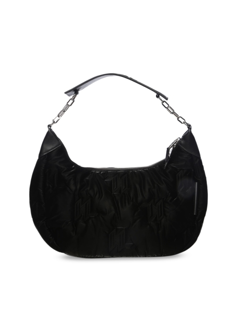 LAGERFELD Black Leather Oversized Half Moon Hobo Bag with Quilted