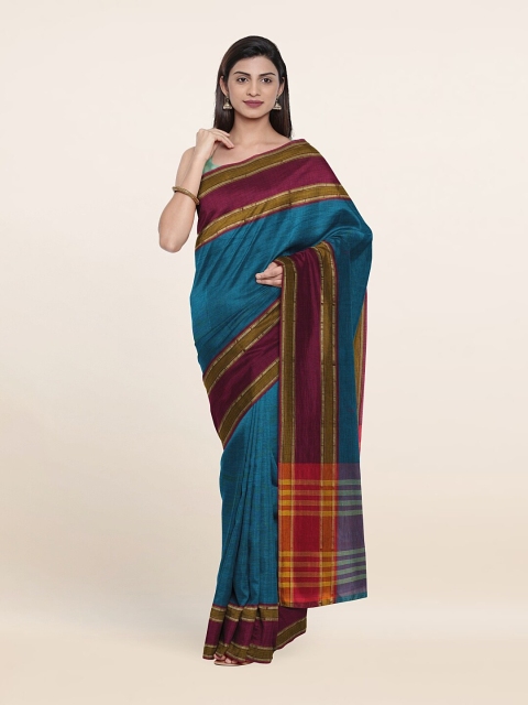Pothys Blue & Maroon Solid Pure Cotton Saree