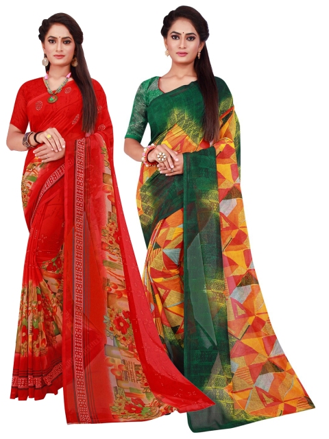 KALINI Red & Green Printed Pure Georgette Saree Pack Of 2