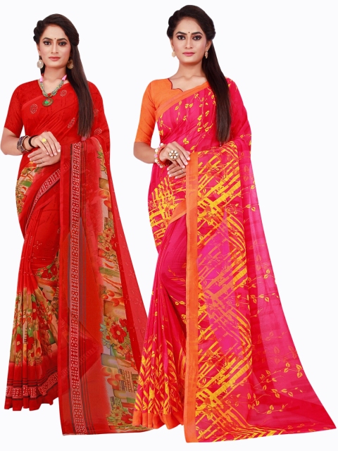 KALINI Red & Magenta Set Of 2 Floral Pure Georgette Saree