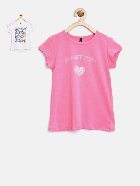 United Colors of Benetton Girls Pack of 2 Printed T-Shirts, Pink
