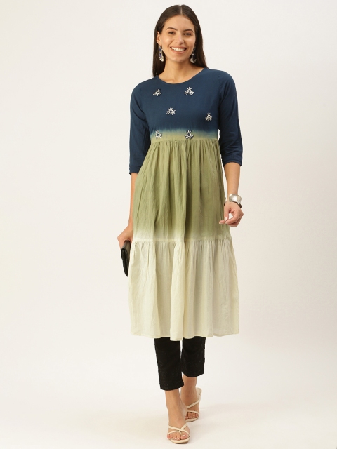 RangDeep Women Blue & Olive Green Pure Cotton Dyed Mirror Work Kurta