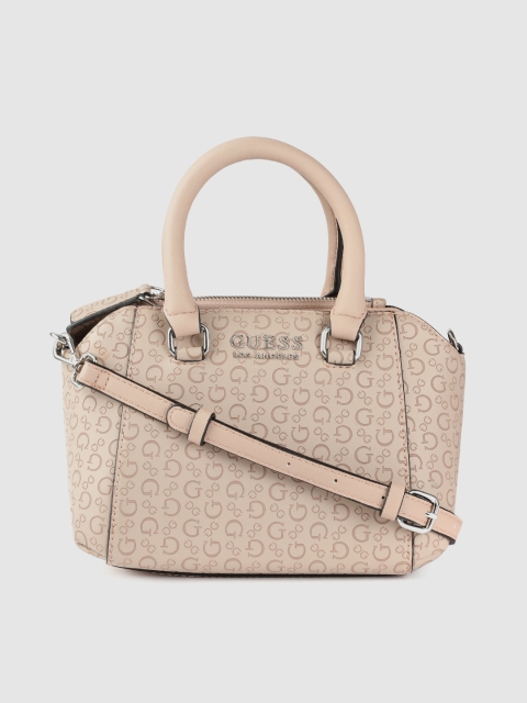 GUESS Women Beige Brand Logo Textured Structured Handheld Bag