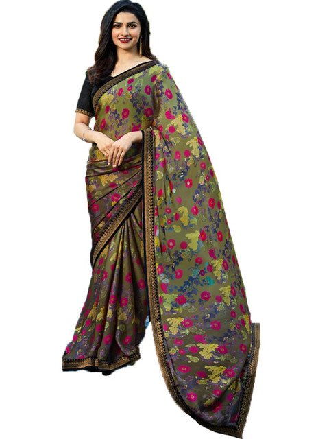 VILAM Grey & Fuchsia Floral Pure Georgette Block Print Saree 
VILAM Grey & Fuchsia Floral Pure Georgette Block Print Saree