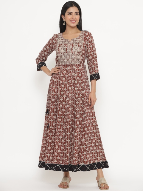 JAVTA Women Red & Beige Ethnic Motifs Printed Anarkali Kurta