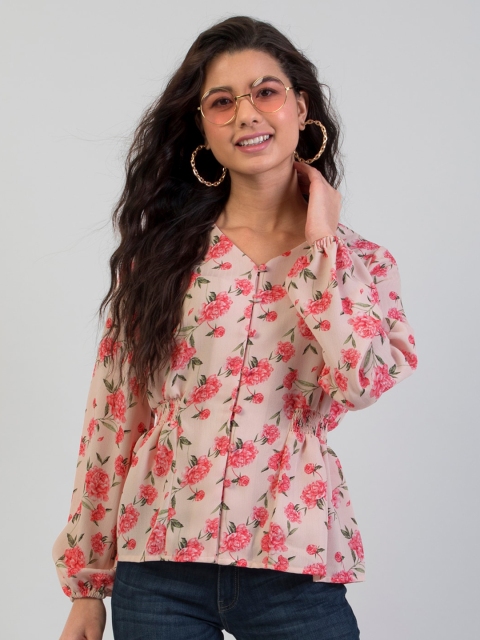 FabAlley Orange Floral Print Georgette Top