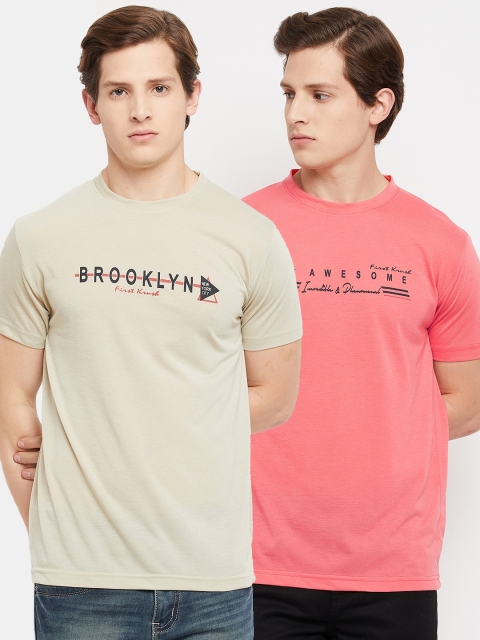 FirstKrush Men Beige & Peach-Coloured Typography 2 Printed T-shirt