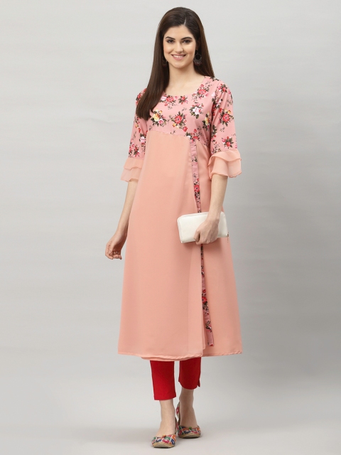 ALC Creations Women Peach-Coloured Floral Printed Bell Sleeves Floral Crepe Kurta