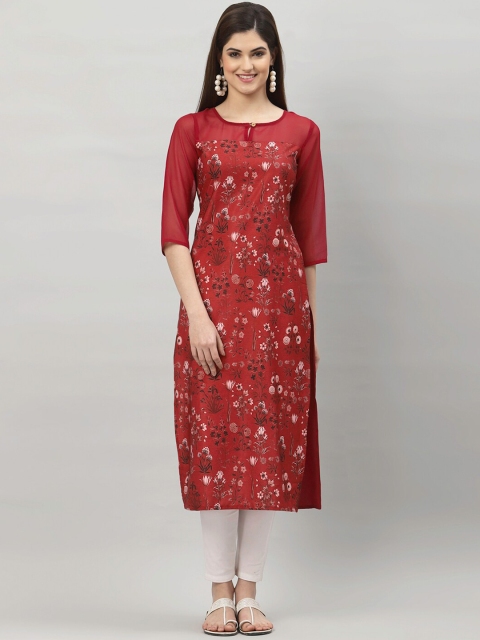 ALC Creations Women Maroon Printed Mirror Work Floral Crepe Kurta
