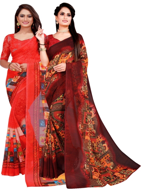 KALINI Red & Brown Printed Pure Georgette Saree