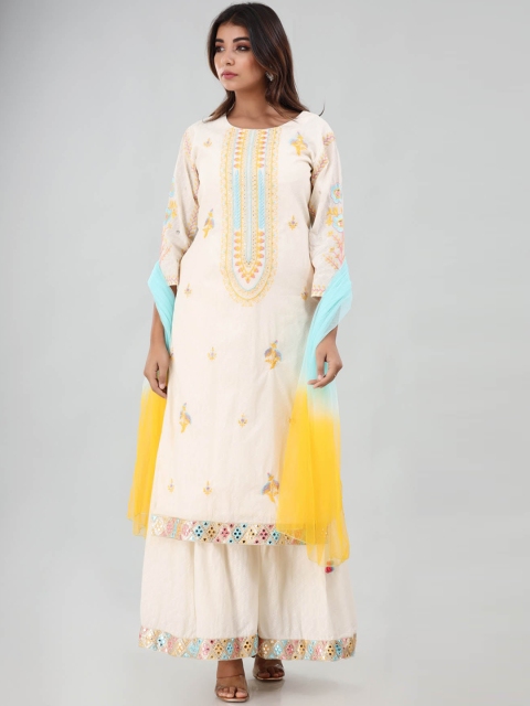 FASHION DWAR Women Cream-Coloured Floral Embroidered Layered Pure Cotton Kurti with Skirt & With Dupatta
FASHION DWAR Women Cream-Coloured Floral Embroidered Layered Pure Cotton Kurti with Skirt & With Dupatta