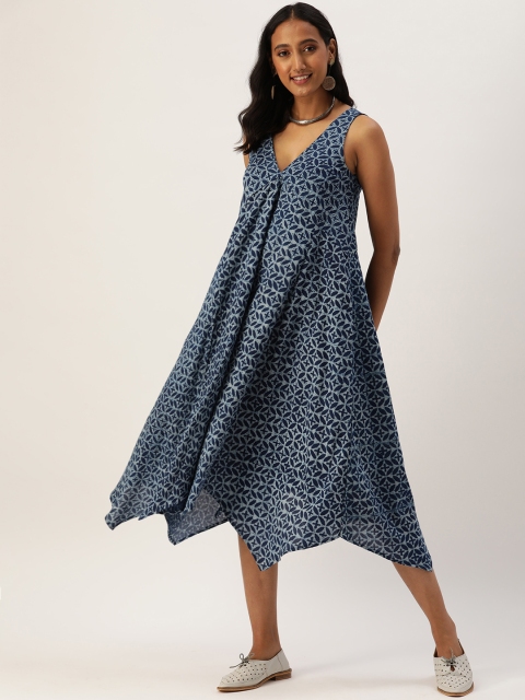 OKHAI Blue Ethnic Motifs A-Line Midi Dress