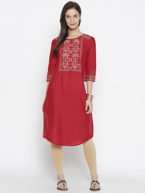 AURELIA Women Red Embroidered Straight Kurta
